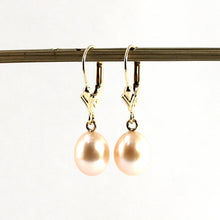 Load image into Gallery viewer, 14k Yellow Gold Raindrop Pink Pearl lever back Dangle Earrings