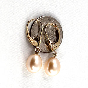 14k Yellow Gold Raindrop Pink Pearl lever back Dangle Earrings