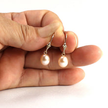 Load image into Gallery viewer, 14k Yellow Gold Raindrop Pink Pearl lever back Dangle Earrings