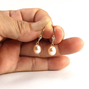 14k Yellow Gold Raindrop Pink Pearl lever back Dangle Earrings