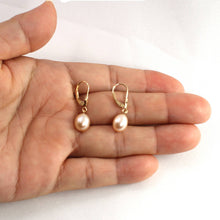 Load image into Gallery viewer, 14k Yellow Gold Raindrop Pink Pearl lever back Dangle Earrings