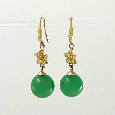 14K Yellow Gold Hawaiian Plumeria Green Jade Hook Earrings