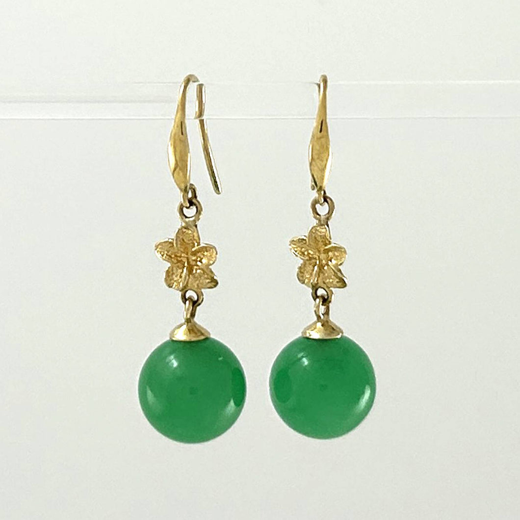 14K Yellow Gold Hawaiian Plumeria Green Jade Hook Earrings