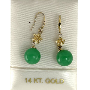 14K Yellow Gold Hawaiian Plumeria Green Jade Hook Earrings