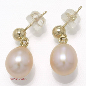 Small Peach Pearl Stud Dangle Earrings – 14k Yellow Gold