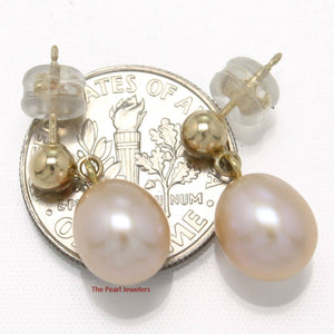 Small Peach Pearl Stud Dangle Earrings – 14k Yellow Gold