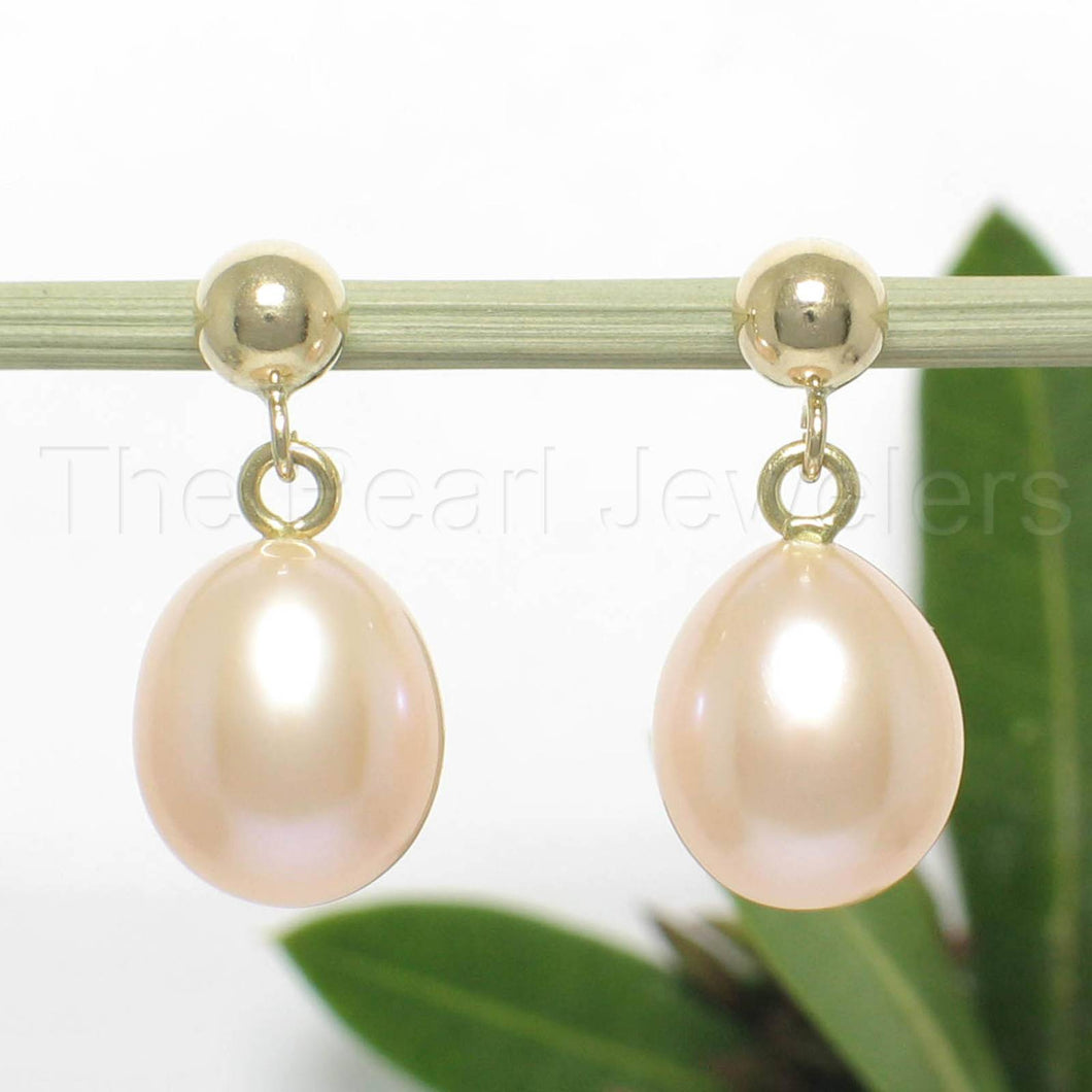 Small Peach Pearl Stud Dangle Earrings – 14k Yellow Gold