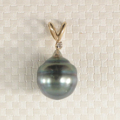 14k Yellow Gold Rabbit-Ear Bale & Diamond Accent Black-Peacock Tahitian Pearl Pendant