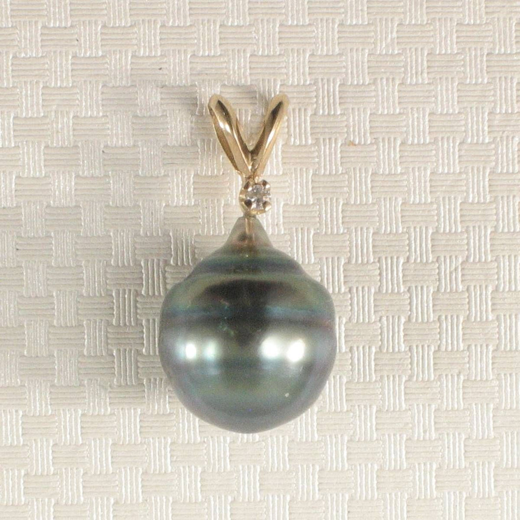14k Yellow Gold Rabbit-Ear Bale & Diamond Accent Black-Peacock Tahitian Pearl Pendant