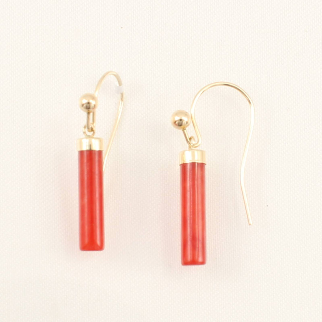 14K Yellow Gold Dangle Red Jade Fish-Hook Earrings