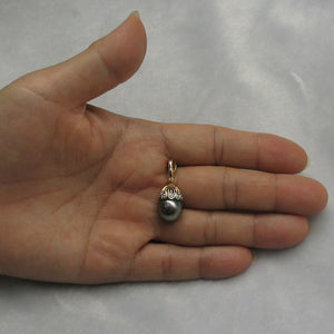 Silver-Gray Tahitian Pearl & 14k Yellow Gold Flowery-Cap Bale with 6 Diamonds Pendant