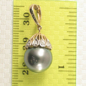 Silver-Gray Tahitian Pearl & 14k Yellow Gold Flowery-Cap Bale with 6 Diamonds Pendant