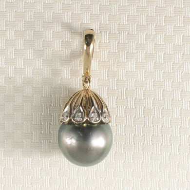 Silver-Gray Tahitian Pearl & 14k Yellow Gold Flowery-Cap Bale with 6 Diamonds Pendant