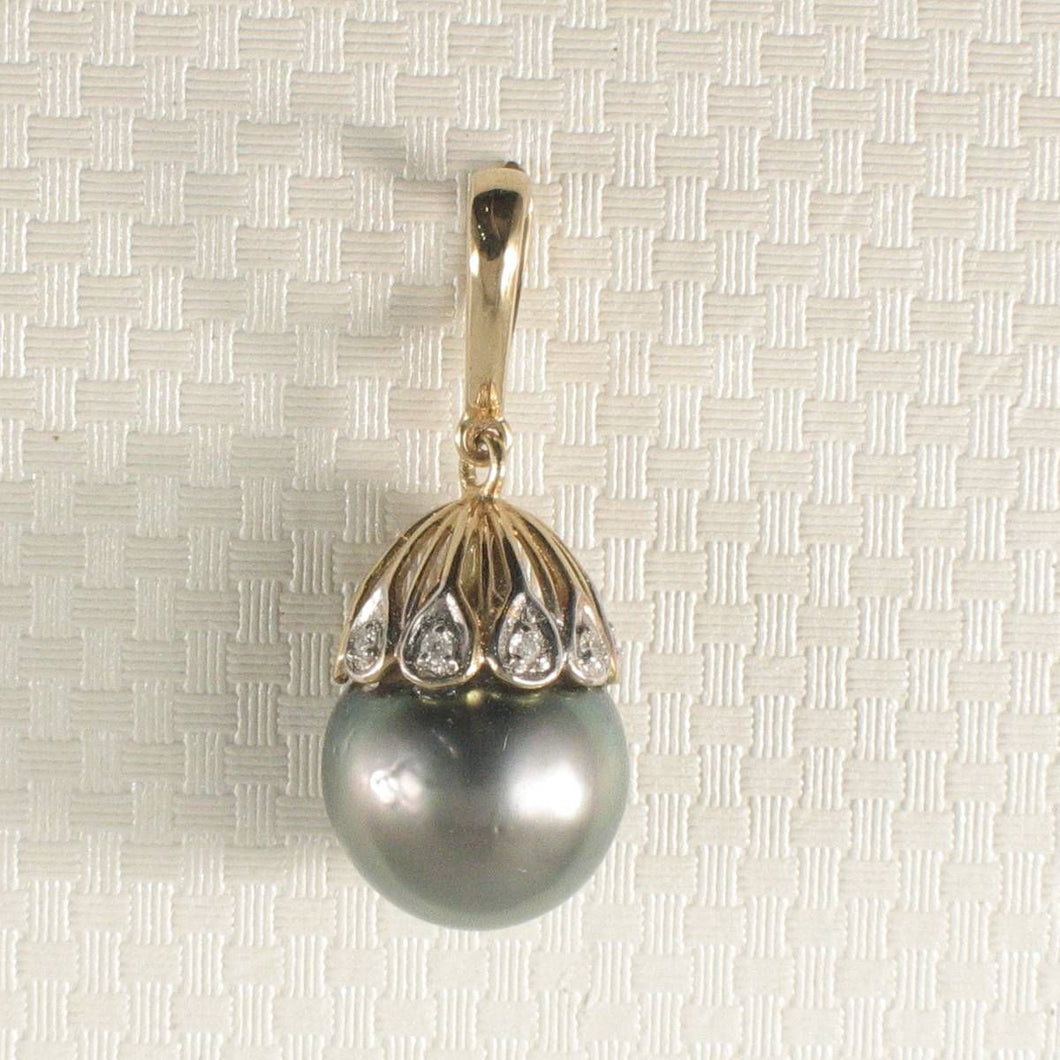 Silver-Gray Tahitian Pearl & 14k Yellow Gold Flowery-Cap Bale with 6 Diamonds Pendant