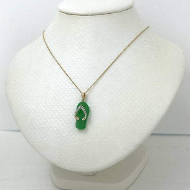 Slipper Green Jade 14k Solid Yellow Gold Diamonds Pendant Necklace
