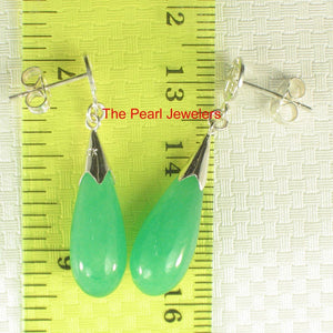 Solid Silver 925 Oriental Raindrop Green Jade Dangle Stud Earrings