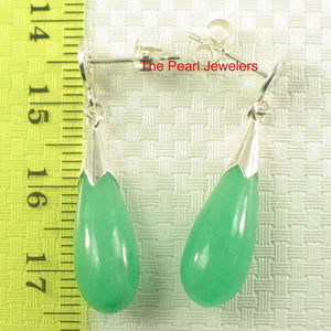 Solid Silver 925 Oriental Raindrop Green Jade Dangle Stud Earrings