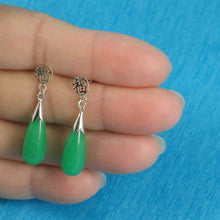 Load image into Gallery viewer, Solid Silver 925 Oriental Raindrop Green Jade Dangle Stud Earrings