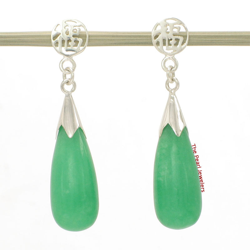 Solid Silver 925 Oriental Raindrop Green Jade Dangle Stud Earrings