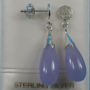 Solid Silver 925 Oriental Raindrop Lavender Jade Dangle Stud Earrings