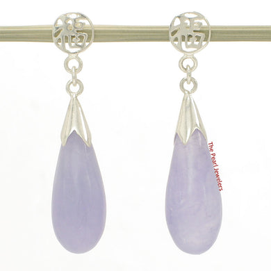 Solid Silver 925 Oriental Raindrop Lavender Jade Dangle Stud Earrings