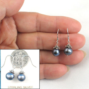 Solid .925 Sterling Silver Bali Bead Black Pearl Hook Earrings