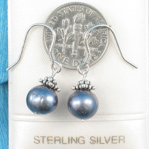 Solid .925 Sterling Silver Bali Bead Black Pearl Hook Earrings