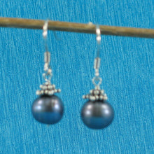 Load image into Gallery viewer, Solid .925 Sterling Silver Bali Bead Black Pearl Hook Earrings