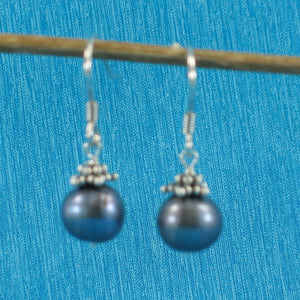 Solid .925 Sterling Silver Bali Bead Black Pearl Hook Earrings