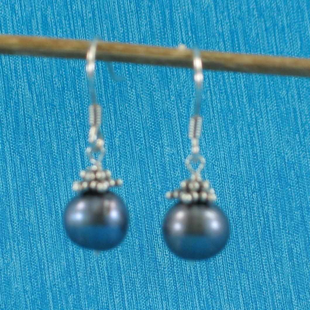 Solid .925 Sterling Silver Bali Bead Black Pearl Hook Earrings