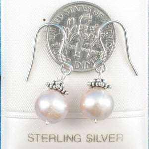 Solid .925 Sterling Silver Bali Bead Pink Pearl Hook Earrings