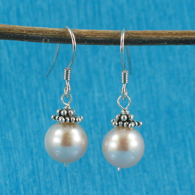 Solid .925 Sterling Silver Bali Bead Pink Pearl Hook Earrings