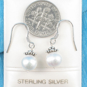 Solid .925 Sterling Silver Bali Bead White Pearl Hook Earrings