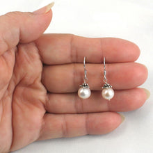 Load image into Gallery viewer, Solid .925 Sterling Silver Bali Bead White Pearl Hook Earrings
