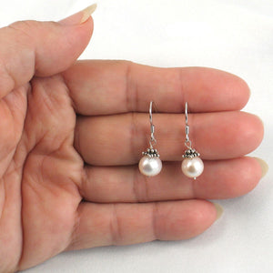 Solid .925 Sterling Silver Bali Bead White Pearl Hook Earrings