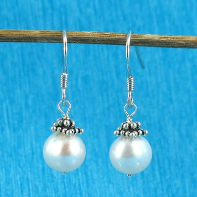 Solid .925 Sterling Silver Bali Bead White Pearl Hook Earrings