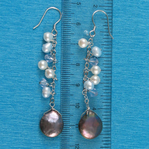 Sterling Silver Black Coin Pearl O Chain Dangle Earrings