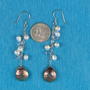 Sterling Silver Black Coin Pearl O Chain Dangle Earrings