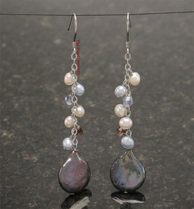 Sterling Silver Black Coin Pearl O Chain Dangle Earrings