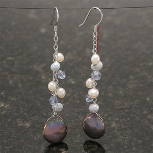 Sterling Silver Black Coin Pearl O Chain Dangle Earrings