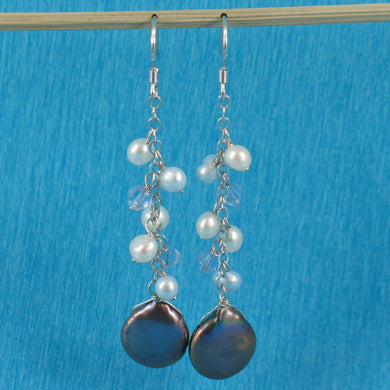 Sterling Silver Black Coin Pearl O Chain Dangle Earrings