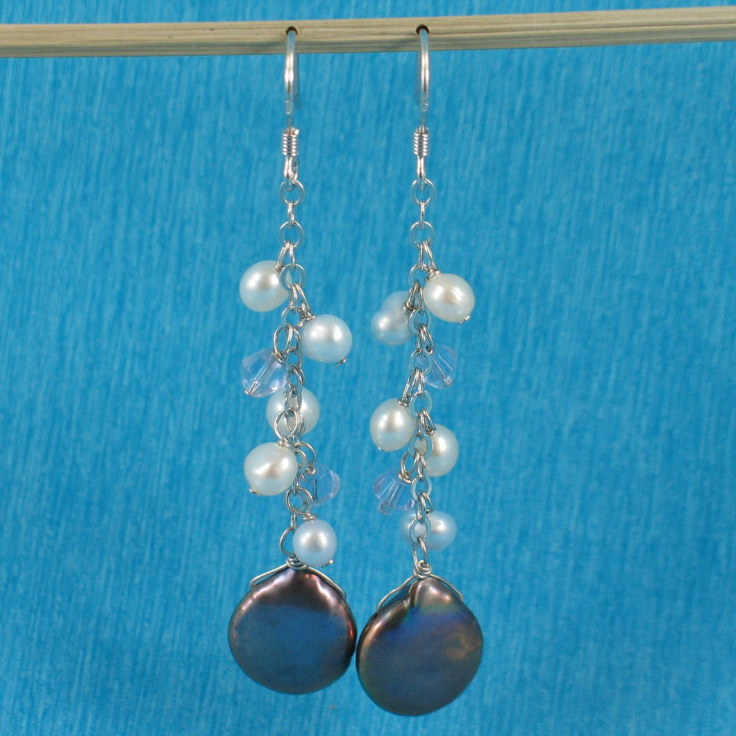 Sterling Silver Black Coin Pearl O Chain Dangle Earrings