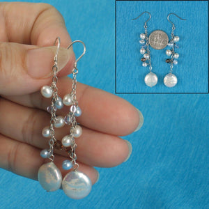 Solid .925 Silver Coin Pearl O Chain Dangle Hook Earrings