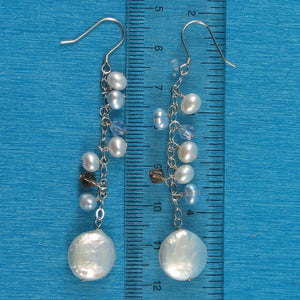 Solid .925 Silver Coin Pearl O Chain Dangle Hook Earrings