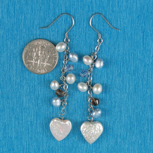 Sterling Silver Heart Coin Pearl O Chain Dangle Earrings