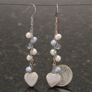 Sterling Silver Heart Coin Pearl O Chain Dangle Earrings