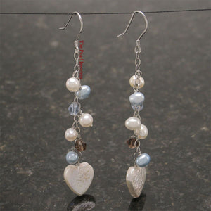 Sterling Silver Heart Coin Pearl O Chain Dangle Earrings