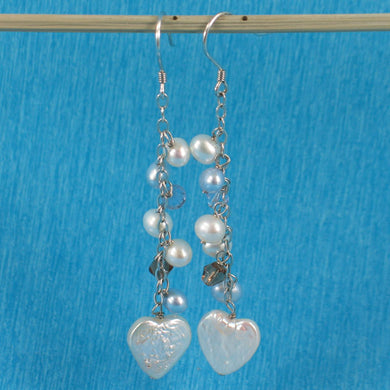 Sterling Silver Heart Coin Pearl O Chain Dangle Earrings
