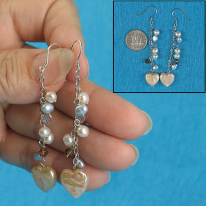 Sterling Silver Pink Heart Coin Pearl Dangle Earrings