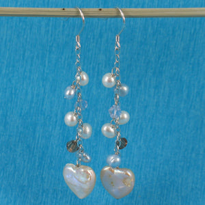 Sterling Silver Pink Heart Coin Pearl Dangle Earrings